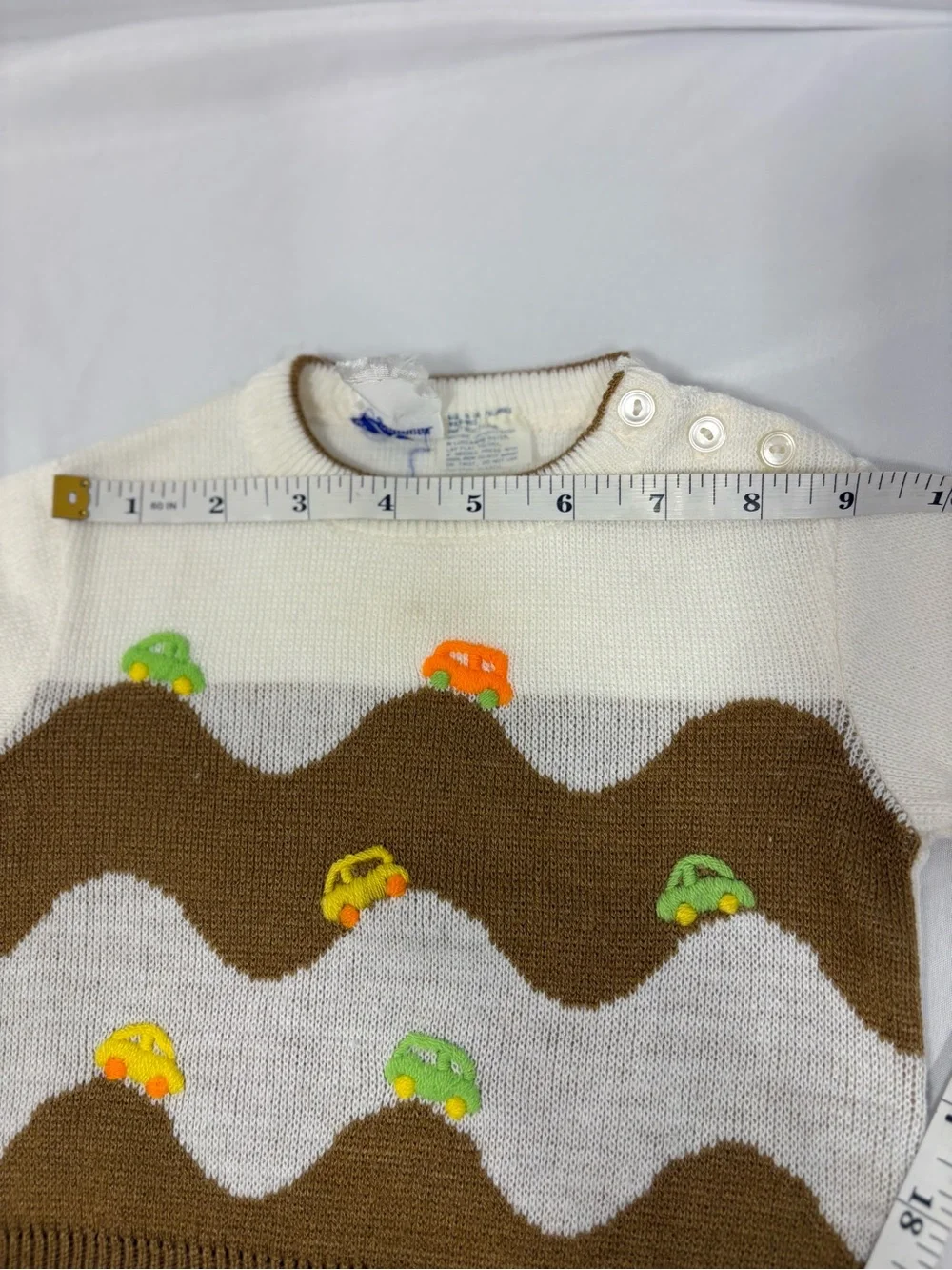 Vintage 1980’s  Little Angel White & Brown Baby Sweater with Colorful Car Motif
